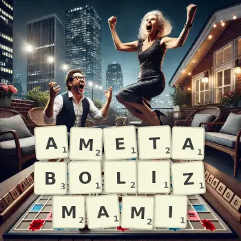 Kreatywna ilustracja do gry w Scrabble ze słowem AMETABOLIZMAMI ułożonym z płytek na planszy.