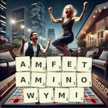 Kreatywna ilustracja do gry w Scrabble ze słowem AMFETAMINOWYMI ułożonym z płytek na planszy.