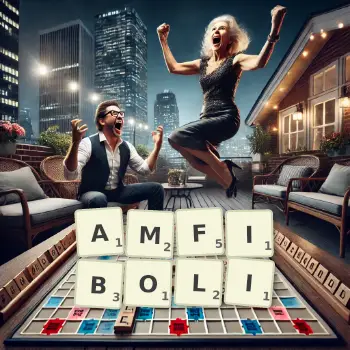 Kreatywna ilustracja do gry w Scrabble ze słowem AMFIBOLI ułożonym z płytek na planszy.