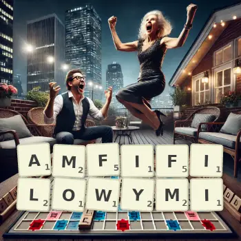 Kreatywna ilustracja do gry w Scrabble ze słowem AMFIFILOWYMI ułożonym z płytek na planszy.