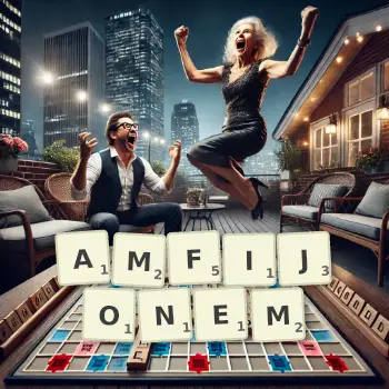Kreatywna ilustracja do gry w Scrabble ze słowem AMFIJONEM ułożonym z płytek na planszy.