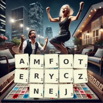 Kreatywna ilustracja do gry w Scrabble ze słowem AMFOTERYCZNEJ ułożonym z płytek na planszy.