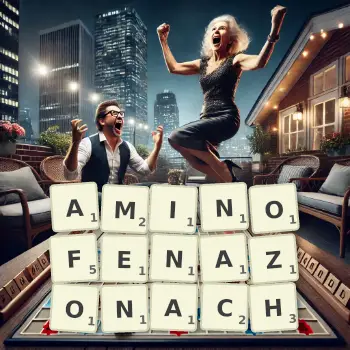 Kreatywna ilustracja do gry w Scrabble ze słowem AMINOFENAZONACH ułożonym z płytek na planszy.