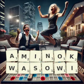 Kreatywna ilustracja do gry w Scrabble ze słowem AMINOKWASOWI ułożonym z płytek na planszy.