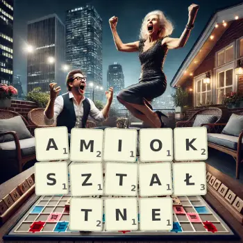 Kreatywna ilustracja do gry w Scrabble ze słowem AMIOKSZTAŁTNE ułożonym z płytek na planszy.