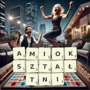 Kreatywna ilustracja do gry w Scrabble ze słowem AMIOKSZTAŁTNI ułożonym z płytek na planszy.