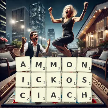 Kreatywna ilustracja do gry w Scrabble ze słowem AMMONICKOSCIACH ułożonym z płytek na planszy.