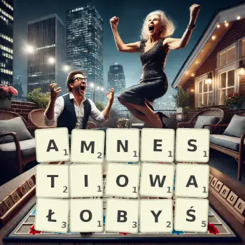 Kreatywna ilustracja do gry w Scrabble ze słowem AMNESTIOWAŁOBYŚ ułożonym z płytek na planszy.