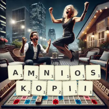 Kreatywna ilustracja do gry w Scrabble ze słowem AMNIOSKOPII ułożonym z płytek na planszy.