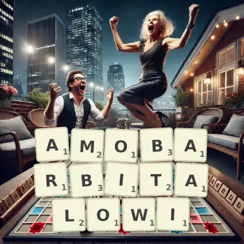 Kreatywna ilustracja do gry w Scrabble ze słowem AMOBARBITALOWI ułożonym z płytek na planszy.