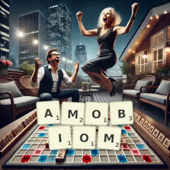 Kreatywna ilustracja do gry w Scrabble ze słowem AMOBIOM ułożonym z płytek na planszy.