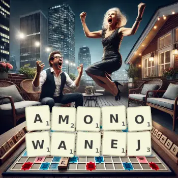 Kreatywna ilustracja do gry w Scrabble ze słowem AMONOWANEJ ułożonym z płytek na planszy.