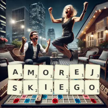 Kreatywna ilustracja do gry w Scrabble ze słowem AMOREJSKIEGO ułożonym z płytek na planszy.