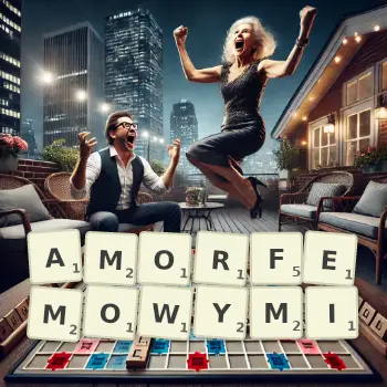 Kreatywna ilustracja do gry w Scrabble ze słowem AMORFEMOWYMI ułożonym z płytek na planszy.