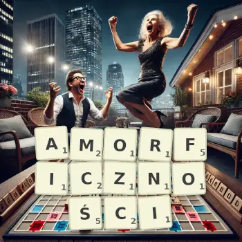 Kreatywna ilustracja do gry w Scrabble ze słowem AMORFICZNOŚCI ułożonym z płytek na planszy.