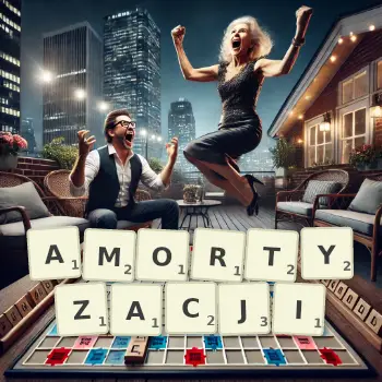 Kreatywna ilustracja do gry w Scrabble ze słowem AMORTYZACJI ułożonym z płytek na planszy.