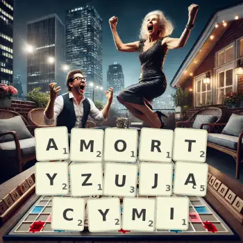Kreatywna ilustracja do gry w Scrabble ze słowem AMORTYZUJĄCYMI ułożonym z płytek na planszy.