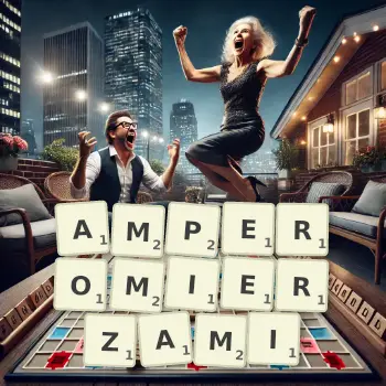 Kreatywna ilustracja do gry w Scrabble ze słowem AMPEROMIERZAMI ułożonym z płytek na planszy.