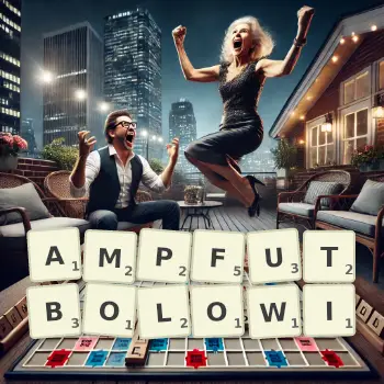 Kreatywna ilustracja do gry w Scrabble ze słowem AMPFUTBOLOWI ułożonym z płytek na planszy.