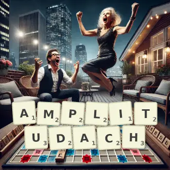 Kreatywna ilustracja do gry w Scrabble ze słowem AMPLITUDACH ułożonym z płytek na planszy.