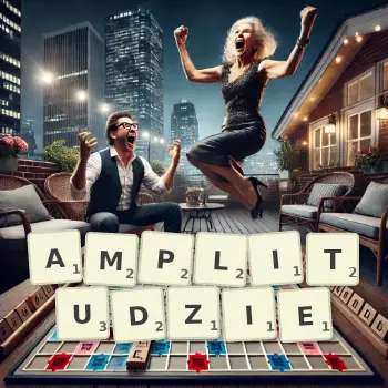 Kreatywna ilustracja do gry w Scrabble ze słowem AMPLITUDZIE ułożonym z płytek na planszy.