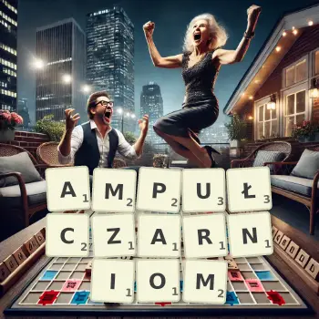 Kreatywna ilustracja do gry w Scrabble ze słowem AMPUŁCZARNIOM ułożonym z płytek na planszy.