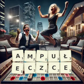 Kreatywna ilustracja do gry w Scrabble ze słowem AMPUŁECZCE ułożonym z płytek na planszy.