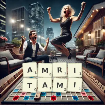 Kreatywna ilustracja do gry w Scrabble ze słowem AMRITAMI ułożonym z płytek na planszy.