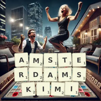 Kreatywna ilustracja do gry w Scrabble ze słowem AMSTERDAMSKIMI ułożonym z płytek na planszy.