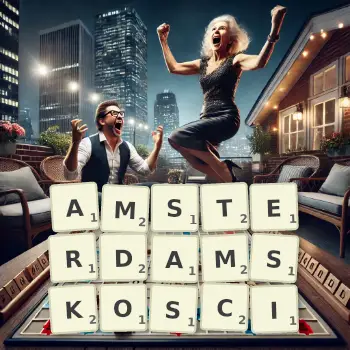 Kreatywna ilustracja do gry w Scrabble ze słowem AMSTERDAMSKOSCI ułożonym z płytek na planszy.