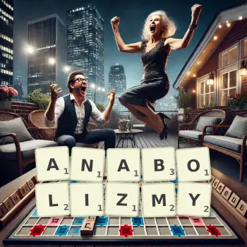 Kreatywna ilustracja do gry w Scrabble ze słowem ANABOLIZMY ułożonym z płytek na planszy.