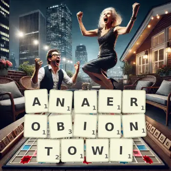 Kreatywna ilustracja do gry w Scrabble ze słowem ANAEROBIONTOWI ułożonym z płytek na planszy.