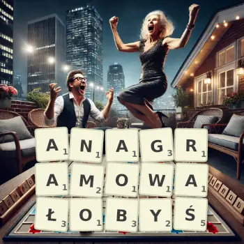 Kreatywna ilustracja do gry w Scrabble ze słowem ANAGRAMOWAŁOBYŚ ułożonym z płytek na planszy.