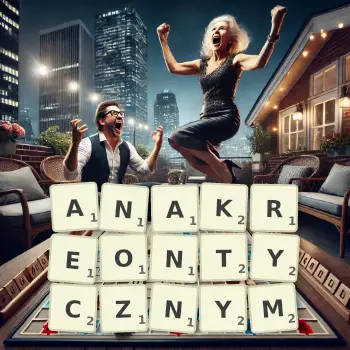 Kreatywna ilustracja do gry w Scrabble ze słowem ANAKREONTYCZNYM ułożonym z płytek na planszy.