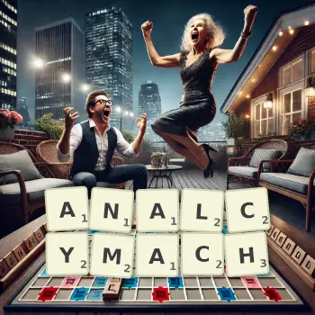 Kreatywna ilustracja do gry w Scrabble ze słowem ANALCYMACH ułożonym z płytek na planszy.