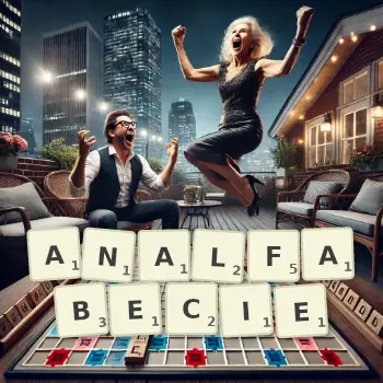 Kreatywna ilustracja do gry w Scrabble ze słowem ANALFABECIE ułożonym z płytek na planszy.
