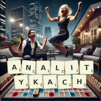 Kreatywna ilustracja do gry w Scrabble ze słowem ANALITYKACH ułożonym z płytek na planszy.