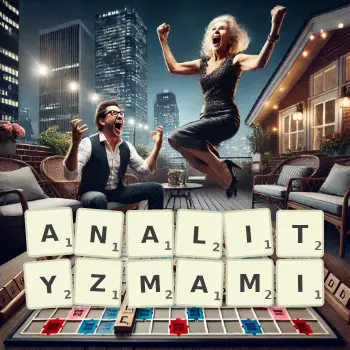 Kreatywna ilustracja do gry w Scrabble ze słowem ANALITYZMAMI ułożonym z płytek na planszy.