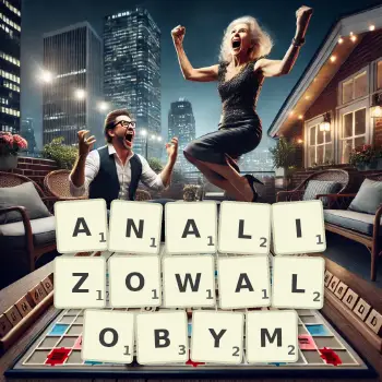 Kreatywna ilustracja do gry w Scrabble ze słowem ANALIZOWALOBYM ułożonym z płytek na planszy.