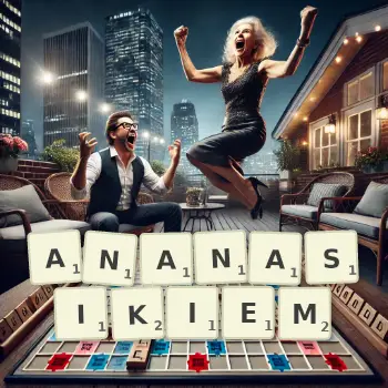 Kreatywna ilustracja do gry w Scrabble ze słowem ANANASIKIEM ułożonym z płytek na planszy.