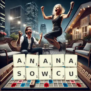 Kreatywna ilustracja do gry w Scrabble ze słowem ANANASOWCU ułożonym z płytek na planszy.