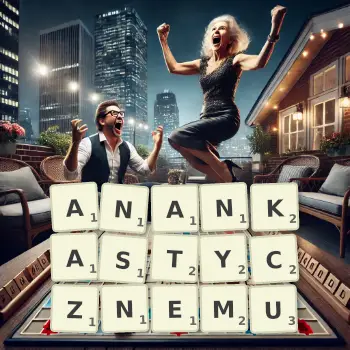 Kreatywna ilustracja do gry w Scrabble ze słowem ANANKASTYCZNEMU ułożonym z płytek na planszy.