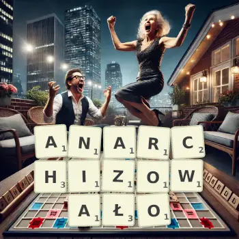 Kreatywna ilustracja do gry w Scrabble ze słowem ANARCHIZOWAŁO ułożonym z płytek na planszy.