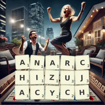 Kreatywna ilustracja do gry w Scrabble ze słowem ANARCHIZUJACYCH ułożonym z płytek na planszy.
