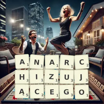 Kreatywna ilustracja do gry w Scrabble ze słowem ANARCHIZUJĄCEGO ułożonym z płytek na planszy.