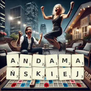 Kreatywna ilustracja do gry w Scrabble ze słowem ANDAMAŃSKIEJ ułożonym z płytek na planszy.