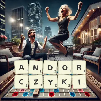 Kreatywna ilustracja do gry w Scrabble ze słowem ANDORCZYKI ułożonym z płytek na planszy.