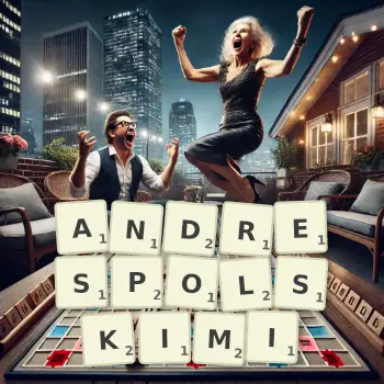 Kreatywna ilustracja do gry w Scrabble ze słowem ANDRESPOLSKIMI ułożonym z płytek na planszy.