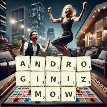 Kreatywna ilustracja do gry w Scrabble ze słowem ANDROGINIZMOW ułożonym z płytek na planszy.