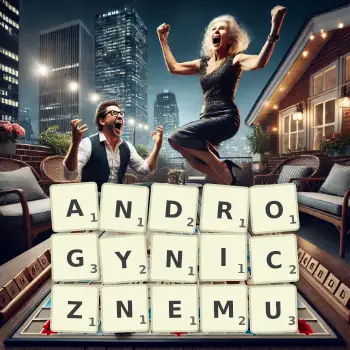 Kreatywna ilustracja do gry w Scrabble ze słowem ANDROGYNICZNEMU ułożonym z płytek na planszy.